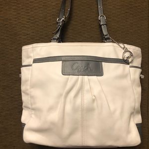 COACH White & Gray Pleated Leather East West Tote